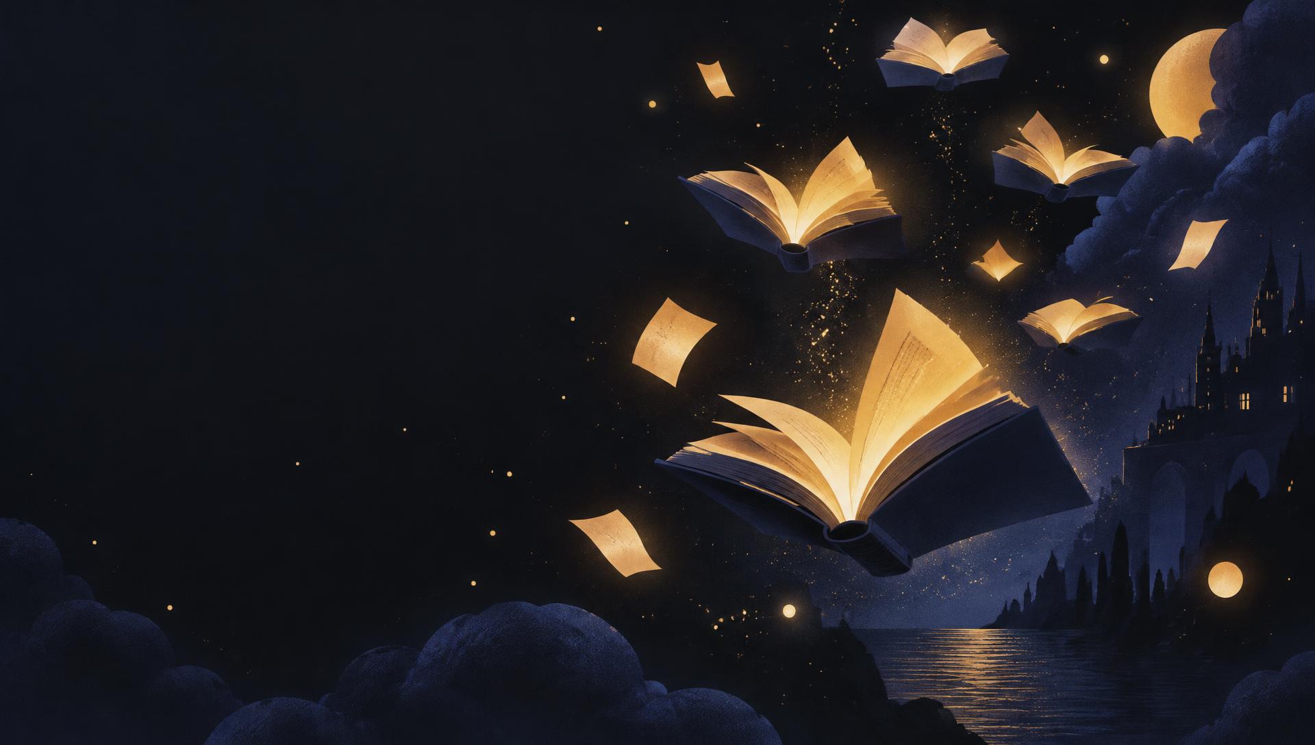 Glowing books drifting through a night sky